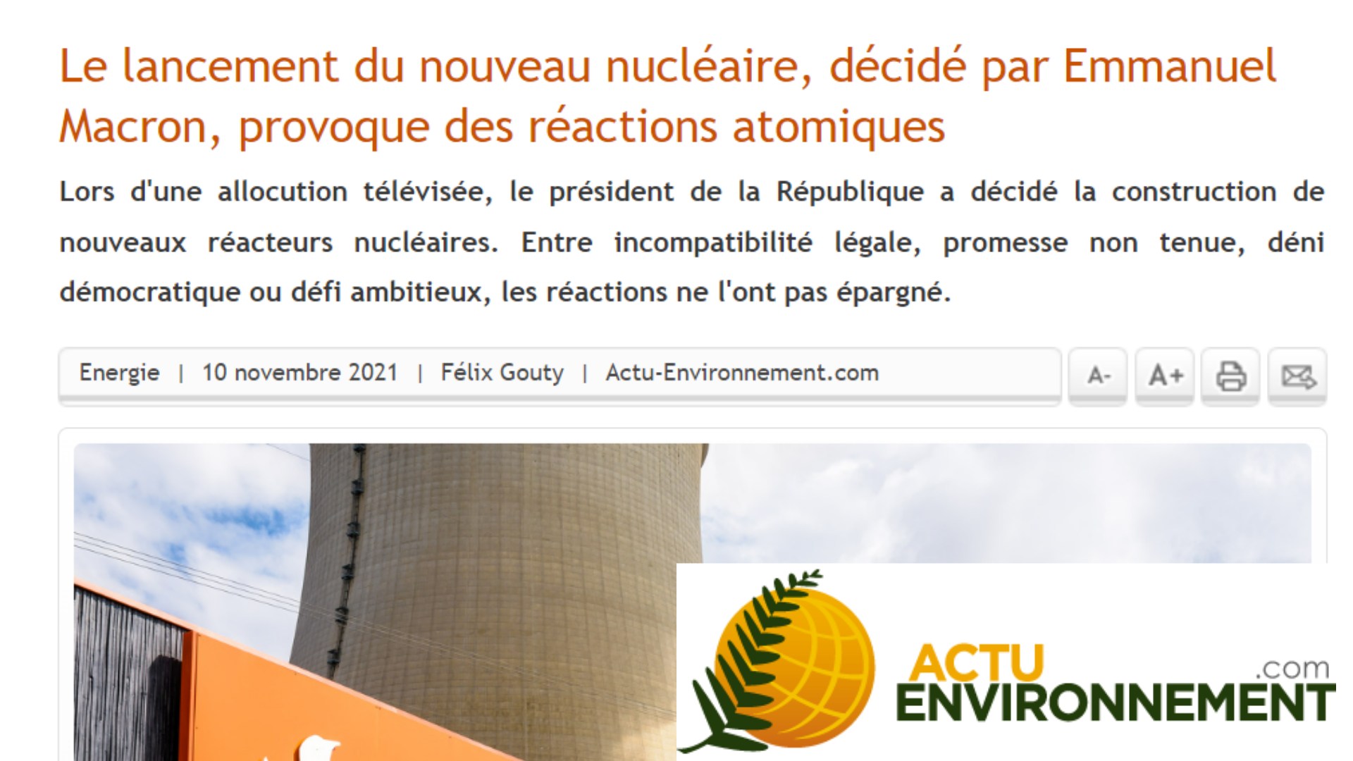 Actu Environnement : Le lancement du nouveau nucléaire, décidé par Emmanuel Macron, provoque des réactions atomiques