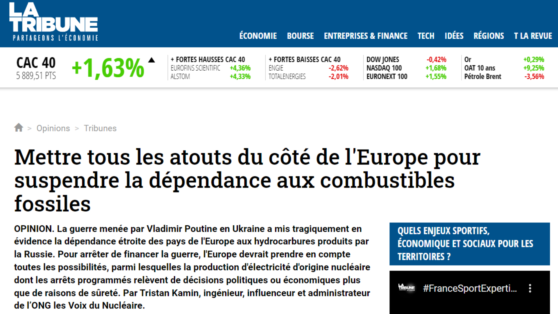 La Tribune : Mettre tous les atouts du côté de l’Europe pour suspendre la dépendance aux combustibles fossiles